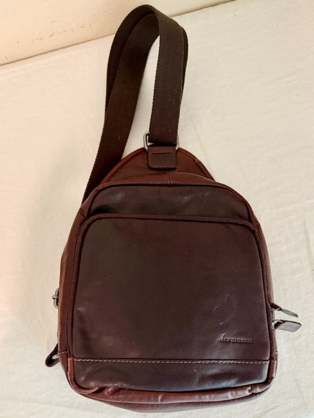 Jack Georges Leather Crossbody Backpack Brown Zip Closure Adjustable Strap Boho - Picture 2 of 16